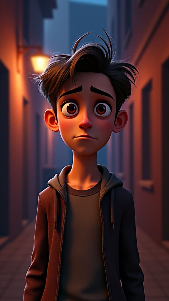  pixar style 3d animation, young man with a troubled expression, dimly lit alley background, dynamic lighting, vibrant colors, detailed textures