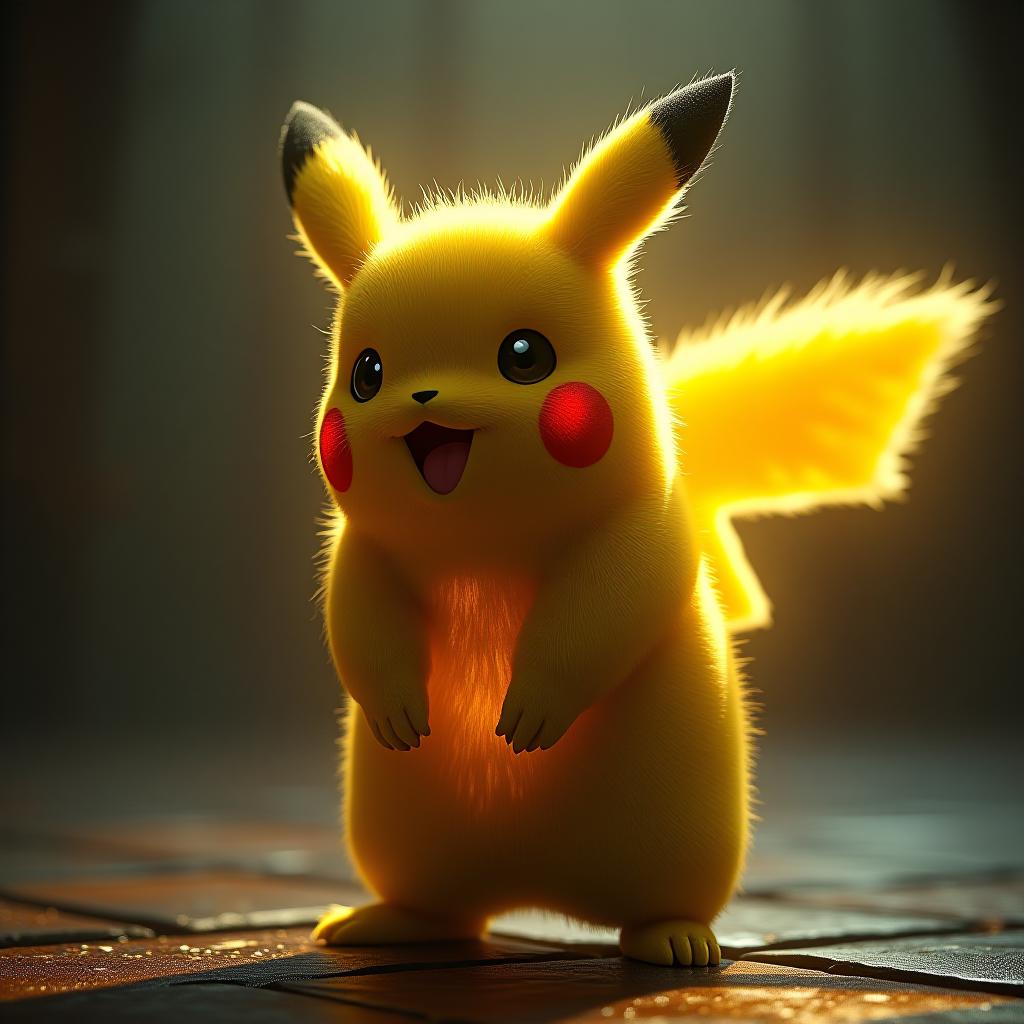  pikachu with golden aura hyperrealistic, full body, detailed clothing, highly detailed, cinematic lighting, stunningly beautiful, intricate, sharp focus, f/1. 8, 85mm, (centered image composition), (professionally color graded), ((bright soft diffused light)), volumetric fog, trending on instagram, trending on tumblr, HDR 4K, 8K