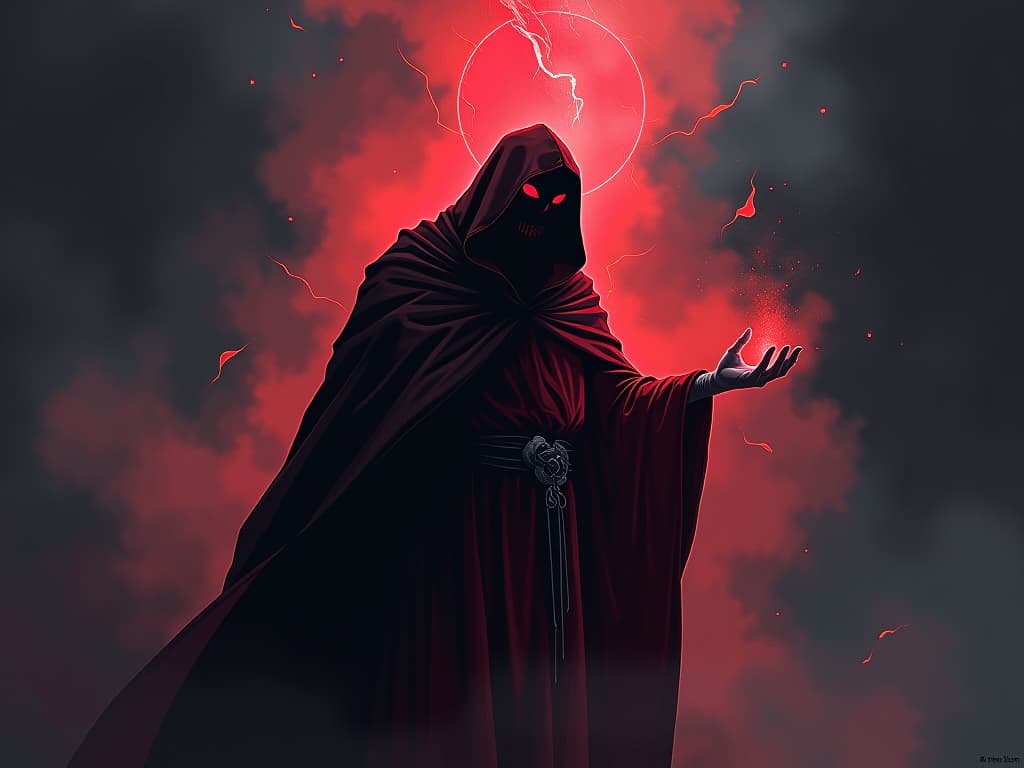  spectral figure in red robes, hand outstretched towards another, ethereal surroundings, aura of recognition of far reaching impact. the style is digital art illustration / modern comic book / graphic dark novel fantasy and mysterious occult, symbolic, moody lighting, esoteric vibe,high detail on character design. for the color scheme emphasize blacks and reds.