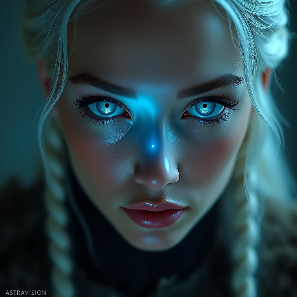  an intimate portrait inspired by queen daenerys from 'game of thrones,' emphasizing her ice blue eyes through a teardrop shaped dragon egg. captured under soft light with a leica q2 using a 50mm f/2 lens. small text 'astravision' at bottom right corner. hyperrealistic, full body, detailed clothing, highly detailed, cinematic lighting, stunningly beautiful, intricate, sharp focus, f/1. 8, 85mm, (centered image composition), (professionally color graded), ((bright soft diffused light)), volumetric fog, trending on instagram, trending on tumblr, HDR 4K, 8K