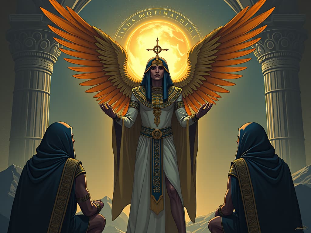  a mentor like angel, speaking to a group of seekers, inspiring exploration and understanding. the style is digital art illustration / modern comic book / mysterious occult, symbolic, esoteric vibe,high detail on character design, incorporating ancient egyptian symbology and attire.