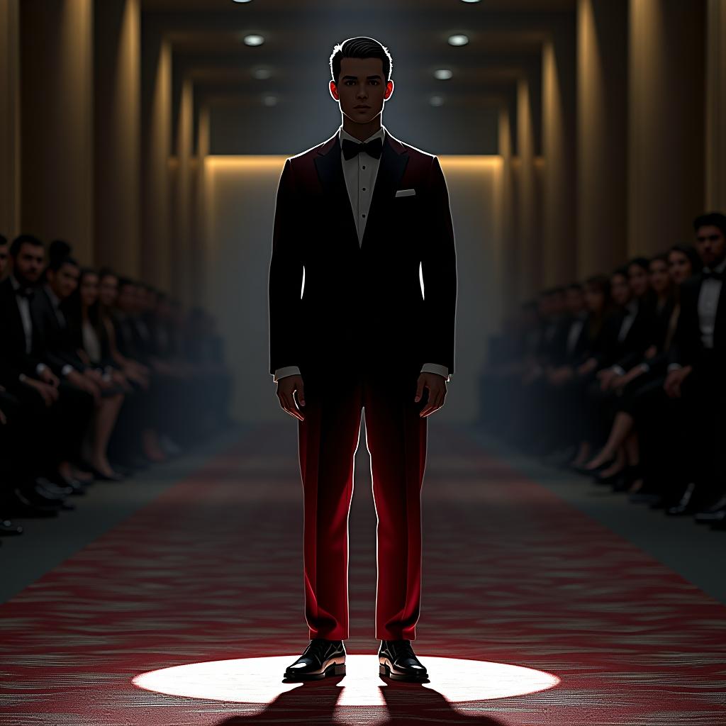  a male model stands on a carpet with a silhouette cut out of it.