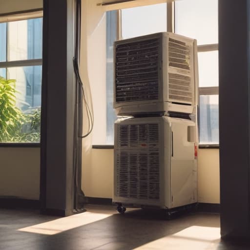 A photo of a technician inspecting an air conditioning unit in a modern office setting during the late afternoon with warm sunlight streaming through the large windows, casting long shadows and creating a warm, inviting atmosphere.