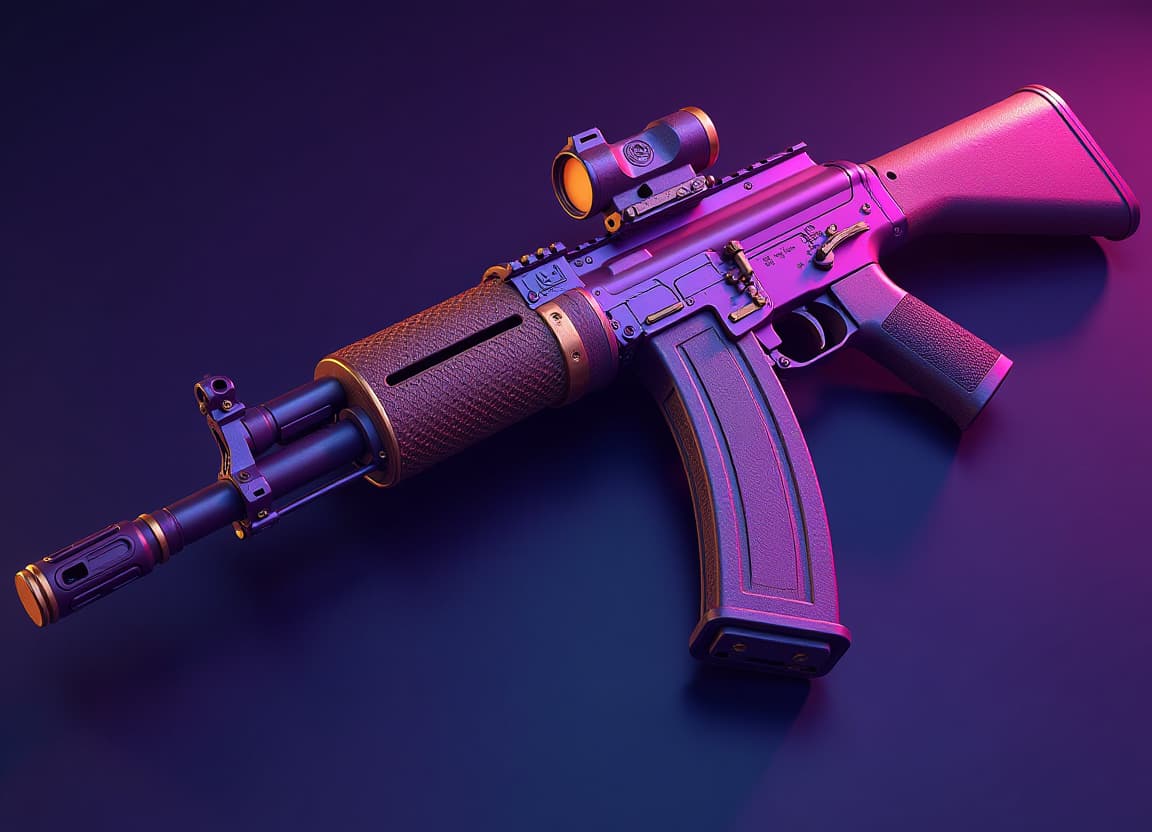  hdr photo of a bright purple ak 47 assault rifle, gold lines. . high dynamic range, vivid, rich details, clear shadows and highlights, realistic, intense, enhanced contrast, highly detailed