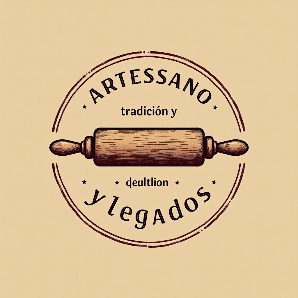  design a logo, in a pencil style. “artessano” simple and elegant design circular design light and brown tones use a rolling pin image , with the text 'tradición y legado'.