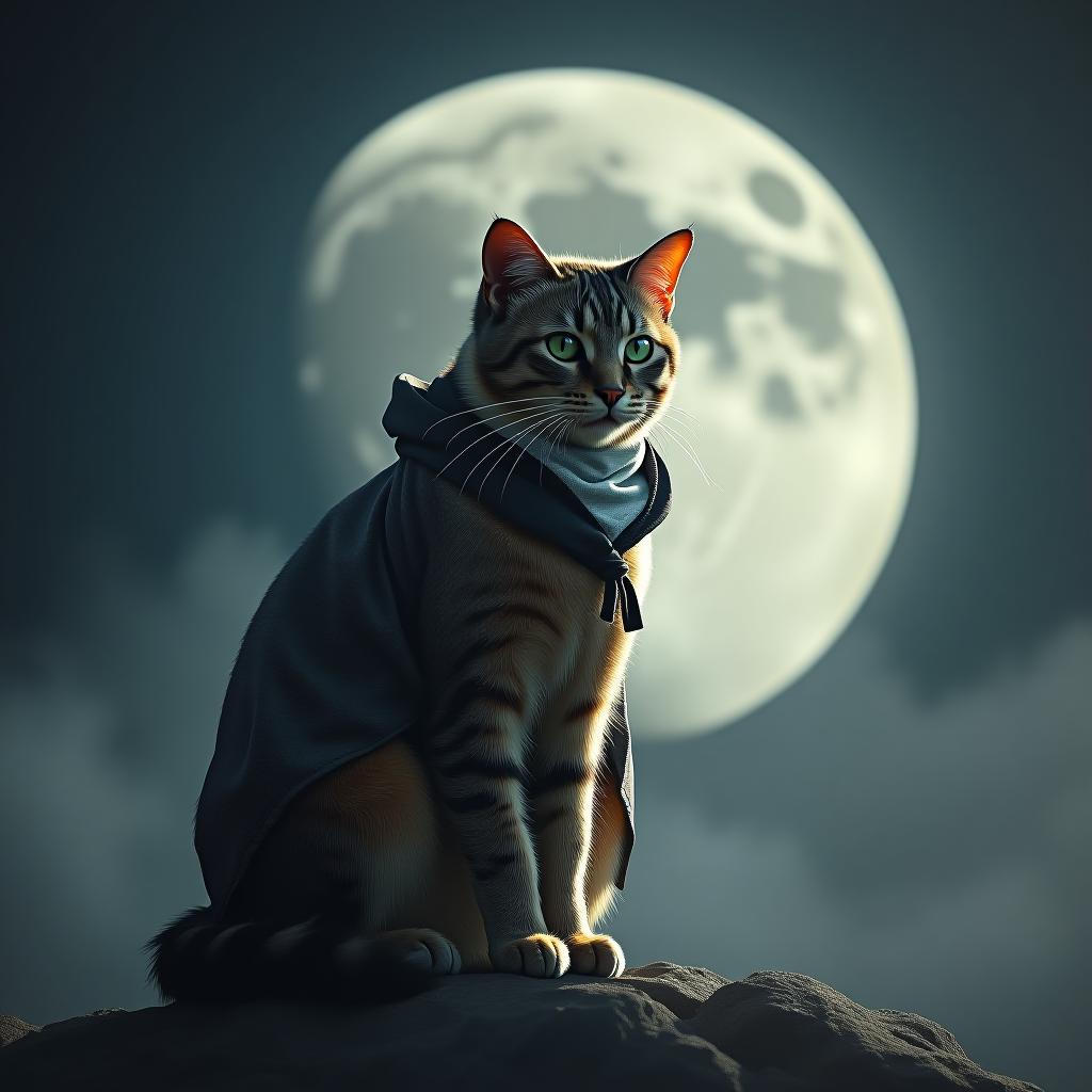  cat on the moon hyperrealistic, full body, detailed clothing, highly detailed, cinematic lighting, stunningly beautiful, intricate, sharp focus, f/1. 8, 85mm, (centered image composition), (professionally color graded), ((bright soft diffused light)), volumetric fog, trending on instagram, trending on tumblr, HDR 4K, 8K