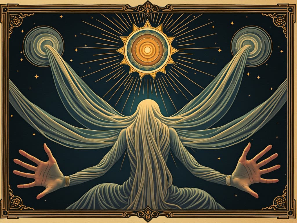  interwoven threads of parallel realities, cosmic loom, delicate strands, blending dimensions. an illustration in the style of a worn, mystical old tarot trump card, mysterious and elements of surrealism. the colors are muted, somber and eerie, but with contrast bring out an occult and esoteric vibe.