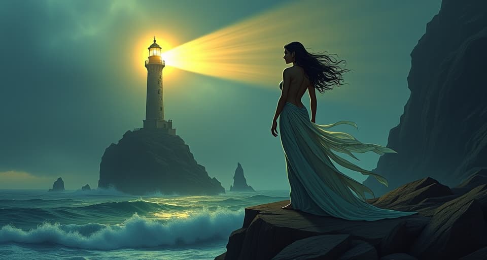  a radiant lighthouse standing tall on a cliff, beaming light into the stormy sea, with a large busted enchantress in a flowing, tight gown, standing at its base, her expression serene, symbolizing being a beacon of hope. the style is digital art illustration / modern comic book / mysterious occult, symbolic, esoteric vibe,high detail on character design, incorporating ancient egyptian symbology and attire.