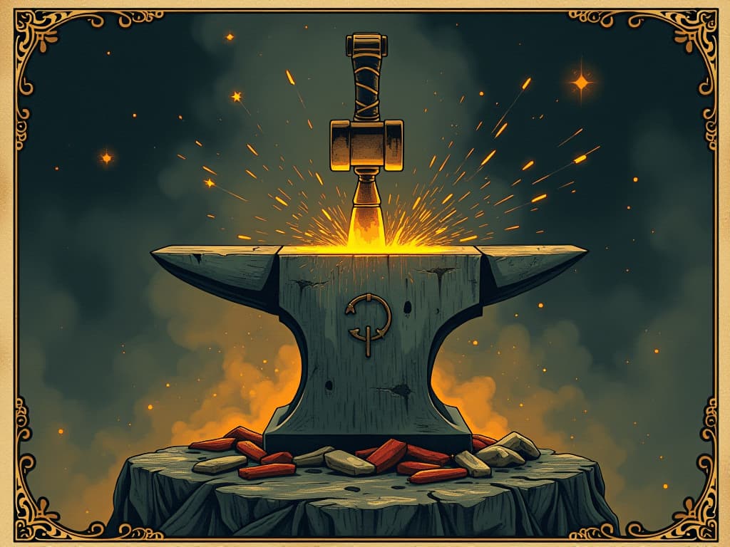  a cosmic forge, a glowing anvil and hammer creating sparks, ethereal background, tools of destiny, refining and shaping, mystical process. an illustration in the style of a worn, mystical old tarot trump card, mysterious and elements of surrealism. the colors are muted, somber and eerie, but with contrast bring out an occult and esoteric vibe.