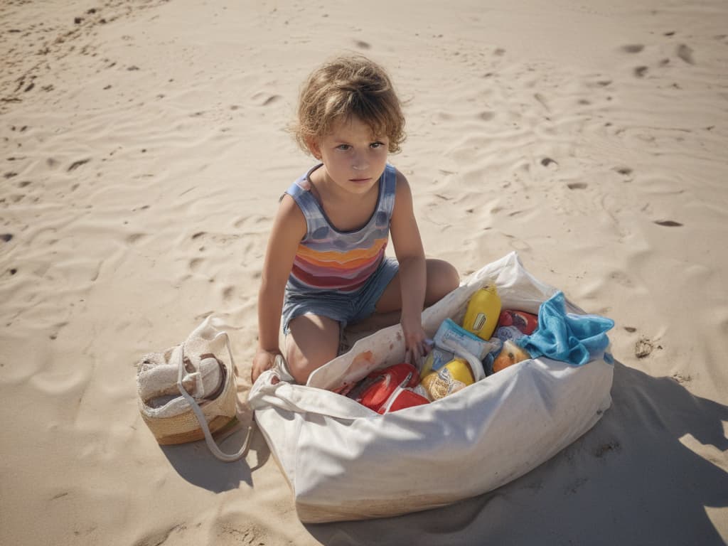 ultra realistic ((ultra realistic ((a child packing beach essentials in a bag)))) hyperrealistic, full body, detailed clothing, highly detailed, cinematic lighting, stunningly beautiful, intricate, sharp focus, f/1. 8, 85mm, (centered image composition), (professionally color graded), ((bright soft diffused light)), volumetric fog, trending on instagram, trending on tumblr, HDR 4K, 8K