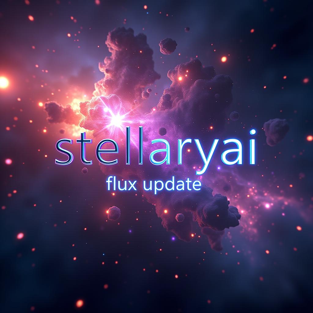  a breathtaking cosmic nebula swirling with vibrant colors, stars bursting into existence, ethereal wisps of stardust forming intricate patterns, ultra high detail, volumetric lighting, cinematic, 8k resolution. in the foreground, floating in space, the text "stellaryai" appears in sleek, futuristic metallic letters. below it, "flux update" is displayed in a glowing, energy pulsing font. the text seamlessly integrates with the celestial background, casting a subtle glow on the surrounding space.