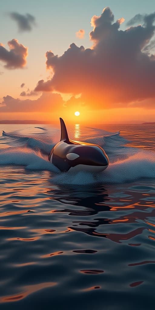  a killer whale swimming right next to a speed boat, on the water surface, sunset, highly detailed water, 8k, photorealistic, epic, cool, high quality, high details, hd, perfect composition, 4k epic detailed, highly detailed, sharp focus, high resolution