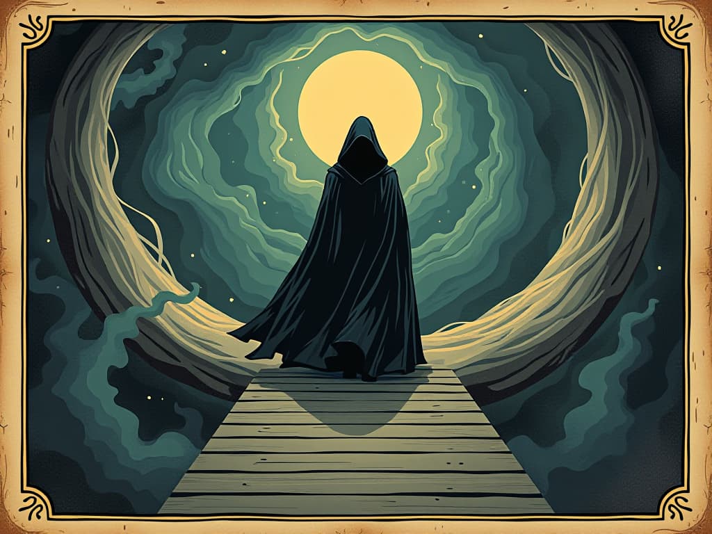  a cloaked figure standing on a bridge between dimensions, swirling colors and energies around, looking forward with determination, transformative, beyond boundaries. an illustration in the style of a worn, mystical old tarot trump card, mysterious and elements of surrealism. the colors are muted, somber and eerie, but with contrast bring out an occult and esoteric vibe.