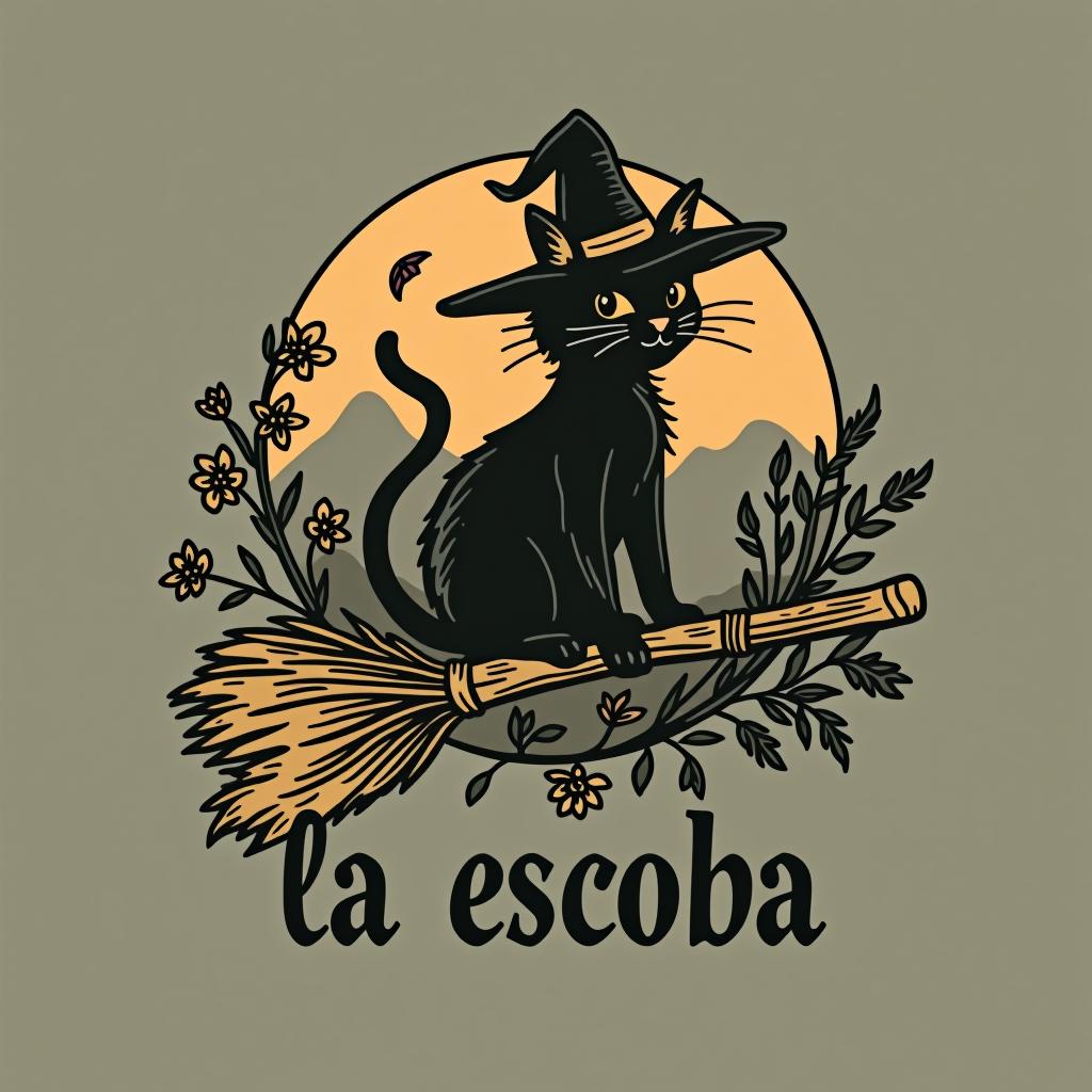  design a logo, witchy, black cat riding on a broom, dried herbs having off broom, cottage core aesthetic , with the text 'la escoba'.