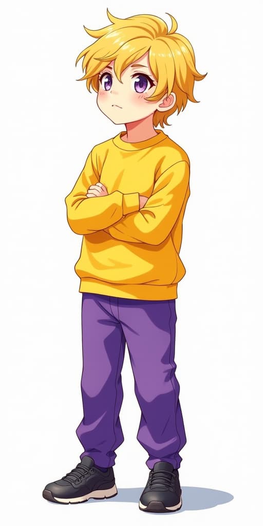  anime, anime sytle, anime image, cartoon, real cartoon, real anime, a 7 s , with blonde hair, wearing a yellow sweatshirt with long sleeve, purple pants, and black shoes, head looking up, arms crossed, serious face, a raised eyebrow, white background, watercolor paint ren book ilration