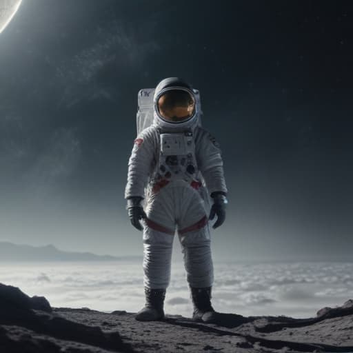 man on the moon hyperrealistic, full body, detailed clothing, highly detailed, cinematic lighting, stunningly beautiful, intricate, sharp focus, f/1. 8, 85mm, (centered image composition), (professionally color graded), ((bright soft diffused light)), volumetric fog, trending on instagram, trending on tumblr, HDR 4K, 8K