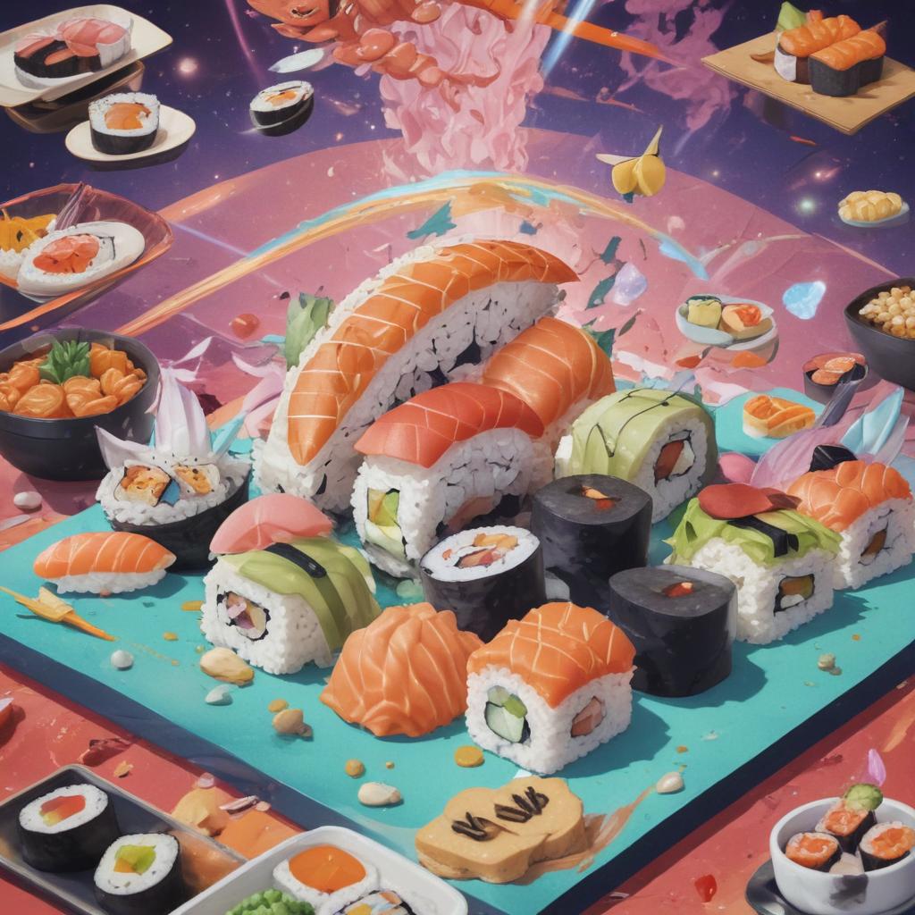 distance-shot, flashy, full-body, dynamic, holographic, animated cartoon poster of sushi scene in the style of dragon ball super