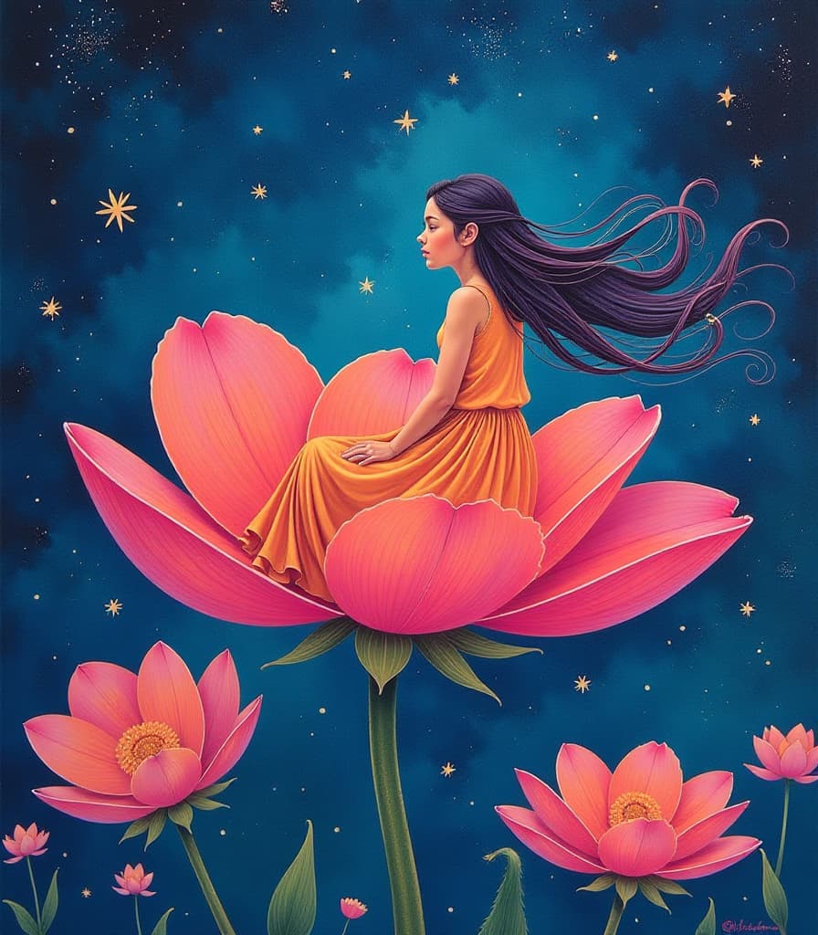  (atmosphere of magic:1.3) and (dreaminess:1.2), featuring a (girl with long flowing hair:1.2) dyed in (bright colors:1.3) sitting atop a (giant flower:1.3) that blooms vibrantly against a (starry sky:1.2). the flower is rendered in a (watercolor technique:1.1), allowing for (smooth transitions between shades:1.3) that capture its delicate beauty. the girl's hair is depicted using (impressionist technique:1.3) to convey (movement:1.2) and (lightness:1.3), creating a surrealist painting influenced by the styles of (salvador dali:1.1) and (frida kahlo:1.1), all in high resolution.