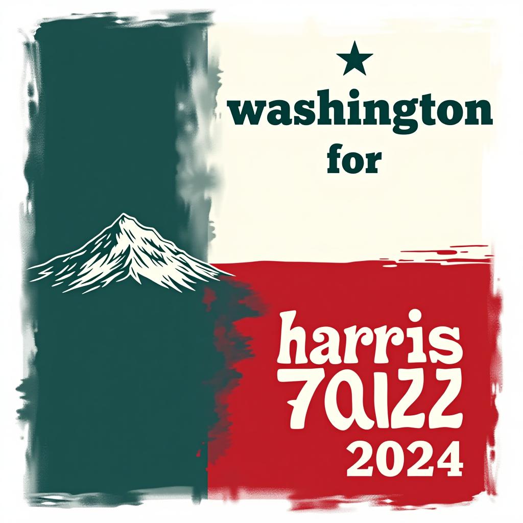  a tshirt design inspired by the washington state flag. the left side features a green vertical stripe with a large mountain in the center. the right side is divided into two horizontal sections: the top section is white with the text 'washington for' in bold, green, uppercase letters, and the bottom section is red with the text 'harris walz 2024' in bold, white, uppercase letters. the overall layout is clean and straightforward, with a clear and patriotic color scheme of blue, white, and red.