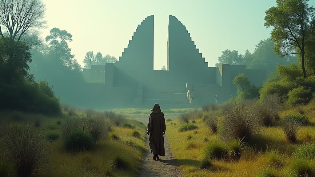  a serene post apocalyptic landscape, with the ruins of babel overtaken by nature, displaying the passage of time since its construction. hyperrealistic, full body, detailed clothing, highly detailed, cinematic lighting, stunningly beautiful, intricate, sharp focus, f/1. 8, 85mm, (centered image composition), (professionally color graded), ((bright soft diffused light)), volumetric fog, trending on instagram, trending on tumblr, HDR 4K, 8K