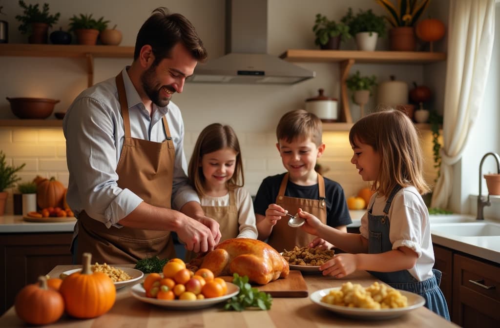  photo portrait family working together to prepare a delicious thanksgiving dinner feast in their cozy kitchen. parents are busy with the turkey and side dishes, children help with preparation for a festive night ar 3:2 {prompt}, maximum details