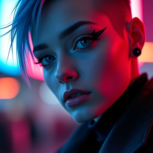  ultra realistic close up portrait ((beautiful pale cyberpunk female with heavy black eyeliner)), blue eyes, shaved side haircut, hyper detail, cinematic lighting, magic neon, dark red city, canon eos r3, nikon, f/1.4, iso 200, 1/160s, 8k, raw, unedited, symmetrical balance, in frame, 8k hyperrealistic, full body, detailed clothing, highly detailed, cinematic lighting, stunningly beautiful, intricate, sharp focus, f/1. 8, 85mm, (centered image composition), (professionally color graded), ((bright soft diffused light)), volumetric fog, trending on instagram, trending on tumblr, HDR 4K, 8K