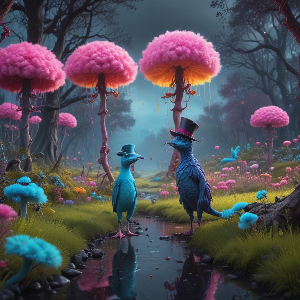 ((masterpiece)),(((best quality))), 8k, high detailed, ultra detailed, A vibrant neon glowing surrealistic fantasy fairytale forest based on Tim Burton+Dr. Suess+Salvador Dali artwork styles+night vast landscape+3D award winning concept art+octane render with RenderMan renderer+8K Ultra HD+Ultra photorealistic+wide angle lens, 24 mm+Hasselblad H6D+color grading+depth of field+trippy+bioluminescent+thick wavy low poly muted rainbow colored grass+electric neon blue river+twisted trees with puffy cotton candy kawaii cloud like tops+Exotic flowers in hot pink, turquoise, purple, lime green, and lemon yellow hues+tiny colorful rainbow colored toadstools with frogs wearing black top hats+Imaginary rainbow colored birds with Dragon like heads+neon hyperrealistic, full body, detailed clothing, highly detailed, cinematic lighting, stunningly beautiful, intricate, sharp focus, f/1. 8, 85mm, (centered image composition), (professionally color graded), ((bright soft diffused light)), volumetric fog, trending on instagram, trending on tumblr, HDR 4K, 8K