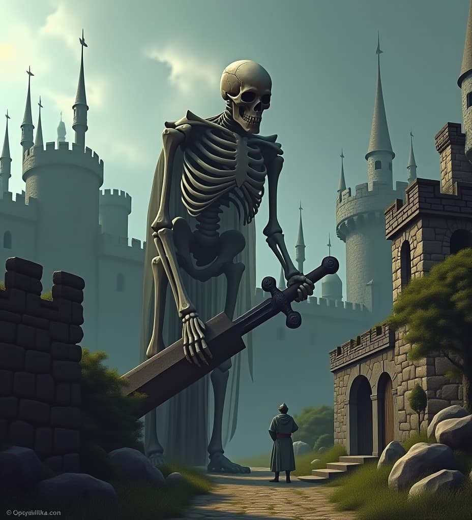  a medieval village that uses a giant skeleton as part of its walls with a massive sword in the background