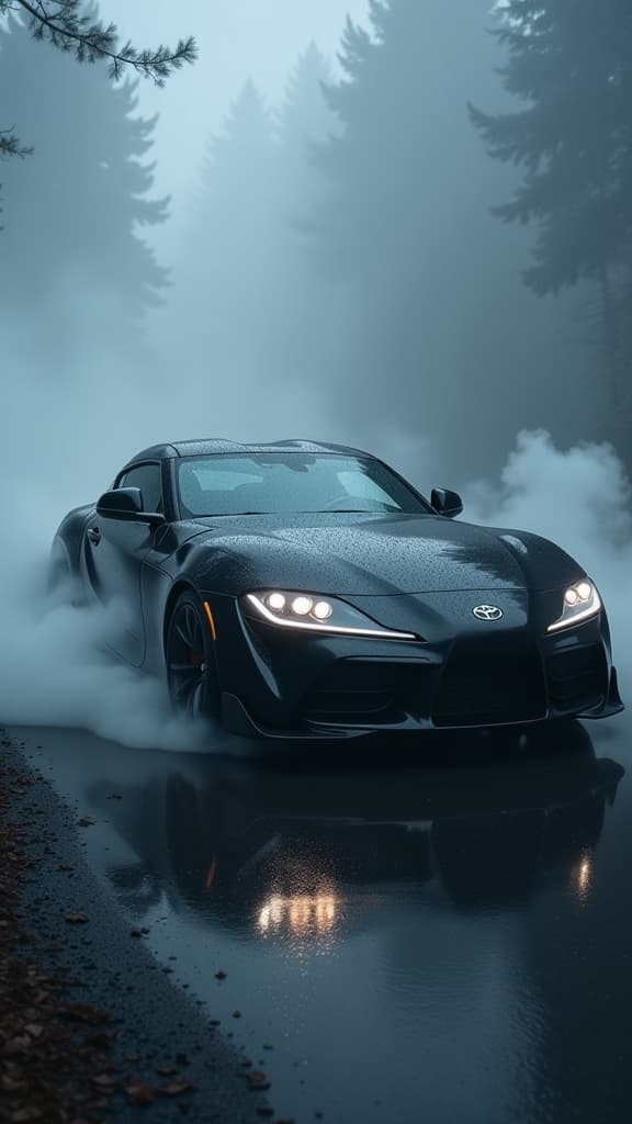  a sleek black toyota supra emerges from dense fog, its powerful silhouette partially illuminated by soft headlights. the scene is captured from a front side angle, highlighting the car's aerodynamic lines and glossy finish. the atmosphere is mysterious and moody, with layers of fog swirling around the vehicle, creating a dramatic contrast against the car's polished surface. the image is rendered in stunning 4k resolution, showcasing every detail.