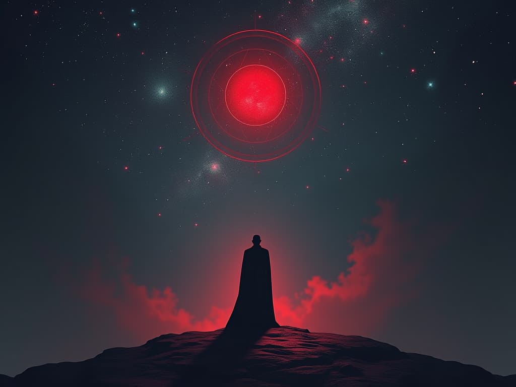  a solitary figure standing in front of a grand celestial scale, one side weighted with past actions, the other with new values, night sky filled with stars, ethereal light.. the style is dark fantasy and mysterious occult, symbolic, moody lighting, esoteric vibe,high detail on character design. for the color scheme emphasize blacks and reds.