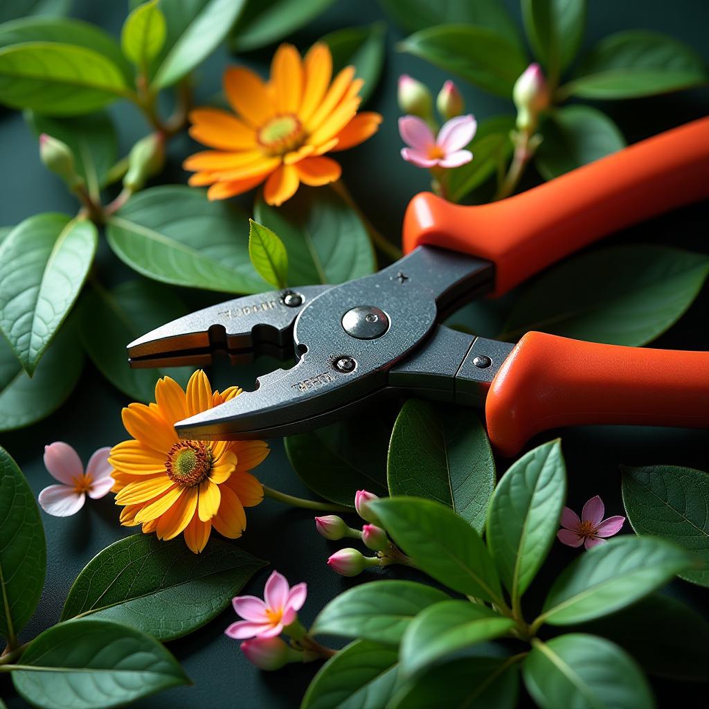  create an image that showcases a unique combination of pliers intertwined with a variety of botanical elements. focus on vibrant, lush leaves and delicate flowers that wrap around and interact with the pliers, emphasizing their metallic texture against the organic forms. use an angular perspective to portray the scene dynamically, capturing the intricate details of both the tools and the plants. the composition should highlight the contrast between the hard, industrial aspect of the pliers and the softness of the botanical features, creating a harmonious yet striking visual narrative.