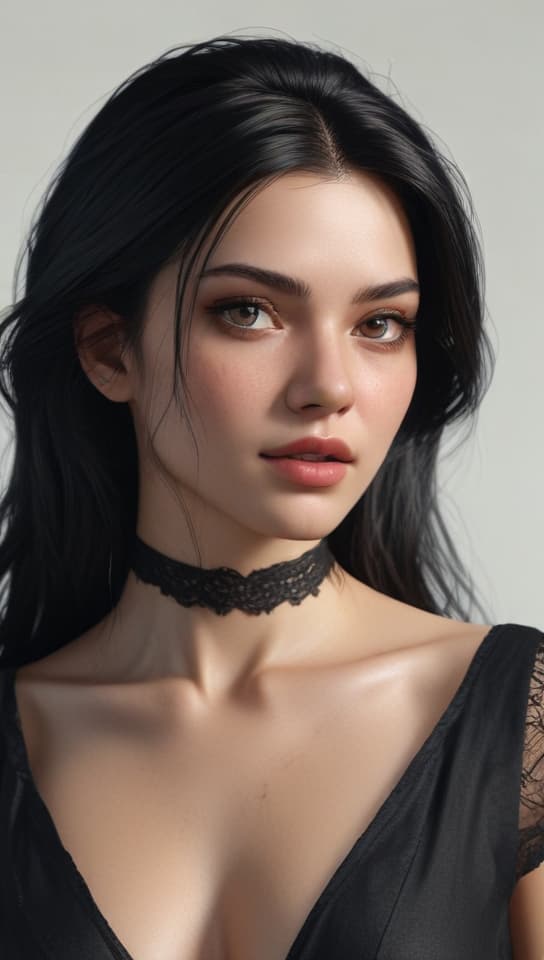 black long hair in and black collar on , trending on art station, (detailed face), ((upper body)), (front view),(masterpiece:1.4),(photorealistic:1.4),(high resolution),(exquisitely detailed),(beautiful detailed light),(ultra_color),(perfect anatomy),best quality,ultra high definition,(cinematic light),<lora:ClothingAdjuster3:-0.5>