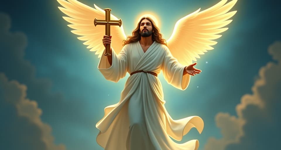  seraphic being in flowing, luminous robes, holding a radiant cross, surrounded by an aura of love and light, symbolizing jesus' divine love. the style is digital art illustration,highly detailed, whimsical,magical, dreamlike atmosphere, realism and fantasy blend, smooth, glossy textures,luminous quality, wonder and enchantment.