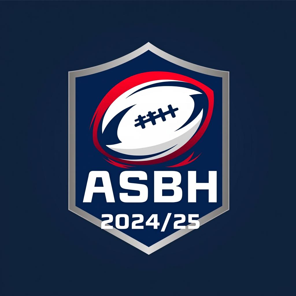  design a logo, créer un logo rouge et bleu du club de rugby de beziers il doit faire apparaître un ballon de rugby + le nom du club asbh 2024/25 + le slogan aqui es besiers , with the text 'asbh'.