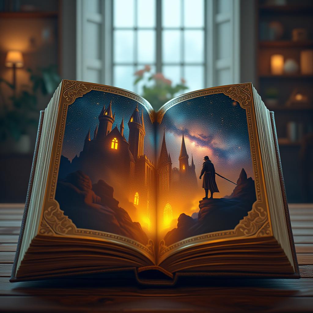  this image is a highly detailed, digital painting depicting an open book with a fantastical, illuminated cover. the book, which appears to be an ancient tome, has an ornate, gold embossed cover with intricate designs. the cover art is a vibrant, magical landscape featuring a castle with tall, spires and windows aglow with warm, yellow light. the castle is set against a starry, night sky filled with twinkling stars, creating a celestial effect. the foreground of the cover shows a lone, silhouetted figure standing on a rocky outcropping, gazing up at the castle. the figure appears to be a man dressed in medieval attire, with a long cloak and a sword at his side. the background of the image is a softly lit, cozy room, with wooden furniture and hyperrealistic, full body, detailed clothing, highly detailed, cinematic lighting, stunningly beautiful, intricate, sharp focus, f/1. 8, 85mm, (centered image composition), (professionally color graded), ((bright soft diffused light)), volumetric fog, trending on instagram, trending on tumblr, HDR 4K, 8K