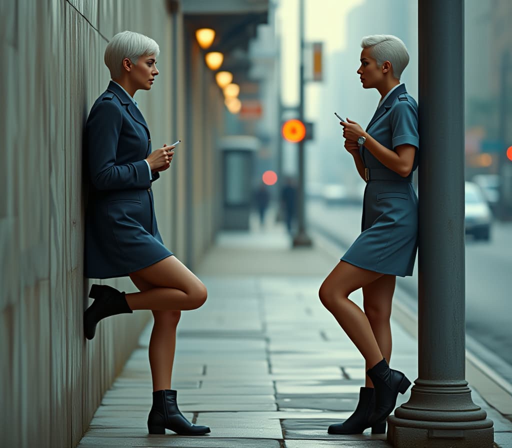  cinematic photo two middle aged female spies are standing in the city with cigarettes, one of them leaning her foot high against the wall, the other standing opposite and leaning her foot high against the pole. both have white hair and blue eyes. both are dressed in women's world war ii uniforms, a short blue skirt and heelless boots. full height, high detail, side view, 4k . 35mm photograph, film, bokeh, professional, 4k, highly detailed