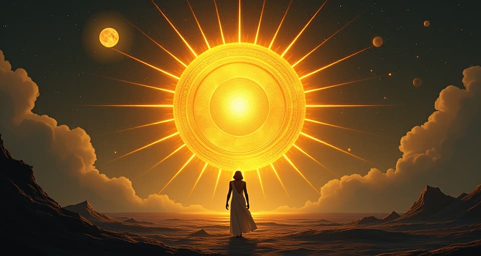  a large golden sun disk surrounded by divine beings, rays of light penetrating a dark landscape, representing the universe always working in your favor.. the style is digital art illustration / modern comic book / mysterious occult, symbolic, esoteric vibe,high detail on character design, incorporating ancient egyptian symbology and attire.