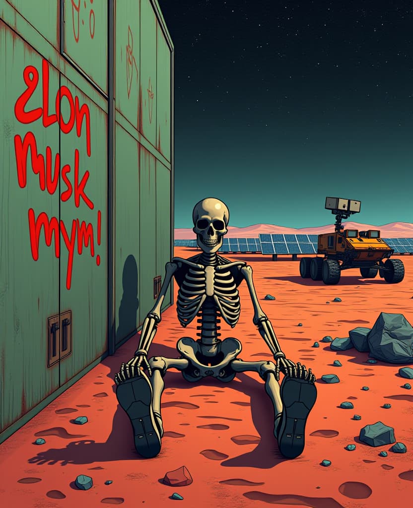  a science fiction illustration. front view of a skeleton|carcase|corpse in a orange violet suit on the ground feet against the wall,wall of an industrial facilitie with cisterns. fields of solar panels at horizon. mutliple graffiti on walls, a red hand written spray can graffiti saying ((lowercase)) " elon musk bbln mym !"; industrial complex, metalic green walls covered with rust, red sand, mars rover on the side, broken mecanials parts against a wall, trash on the ground; the background is a night sky stars constellation in dark sky. hyperrealistic, full body, detailed clothing, highly detailed, cinematic lighting, stunningly beautiful, intricate, sharp focus, f/1. 8, 85mm, (centered image composition), (professionally color graded), ((bright soft diffused light)), volumetric fog, trending on instagram, trending on tumblr, HDR 4K, 8K