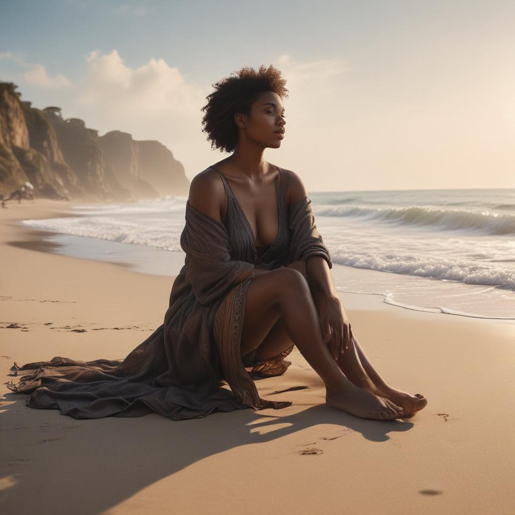 ((masterpiece)),(((best quality))), 8k, high detailed, ultra detailed, A black woman sitting on a beach, black woman, beach, sand, ocean, waves hyperrealistic, full body, detailed clothing, highly detailed, cinematic lighting, stunningly beautiful, intricate, sharp focus, f/1. 8, 85mm, (centered image composition), (professionally color graded), ((bright soft diffused light)), volumetric fog, trending on instagram, trending on tumblr, HDR 4K, 8K