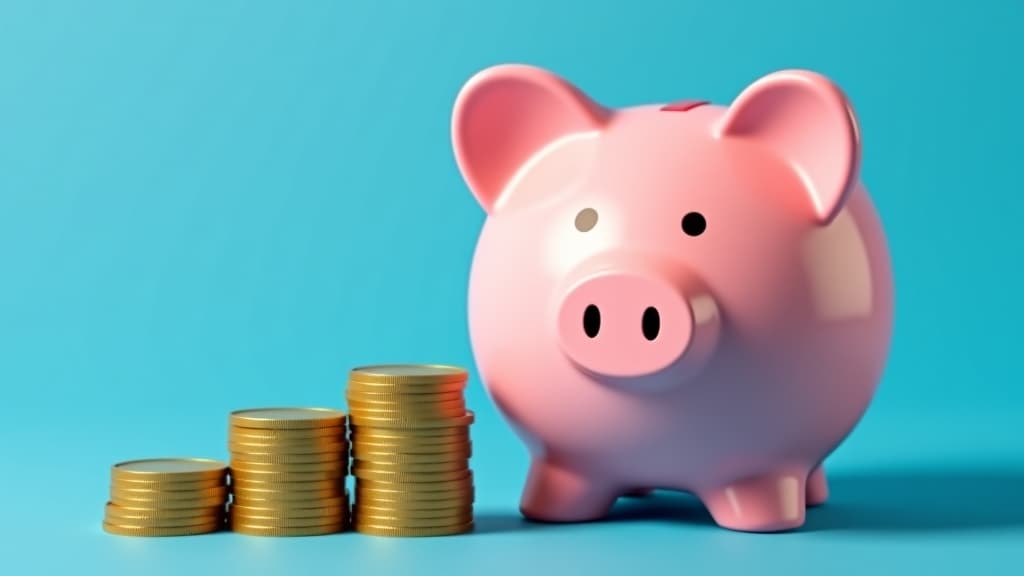  smiling pink pig piggy bank next to a stack of gold coins, isolated on blue background. investment success, savings concept 