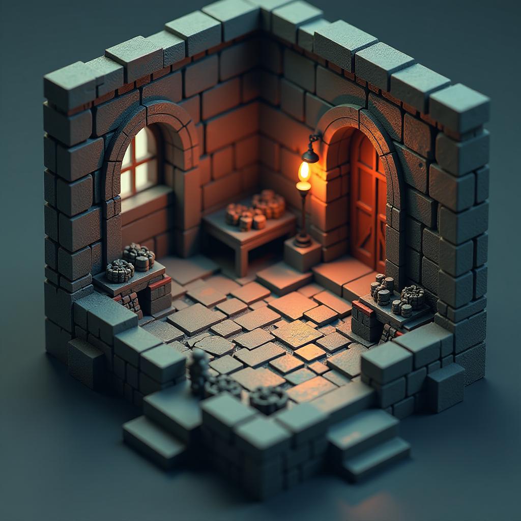  imagine a scene from a 3d platform video game set inside a dungeon, crafted in an isometric, intricate style. the composition employs a tilt shift effect, enhancing the scene with the illusion of a miniature model. this technique adds a unique, playful charm to the dungeon environment, transforming the typical gaming experience into something visually intriguing and engaging.