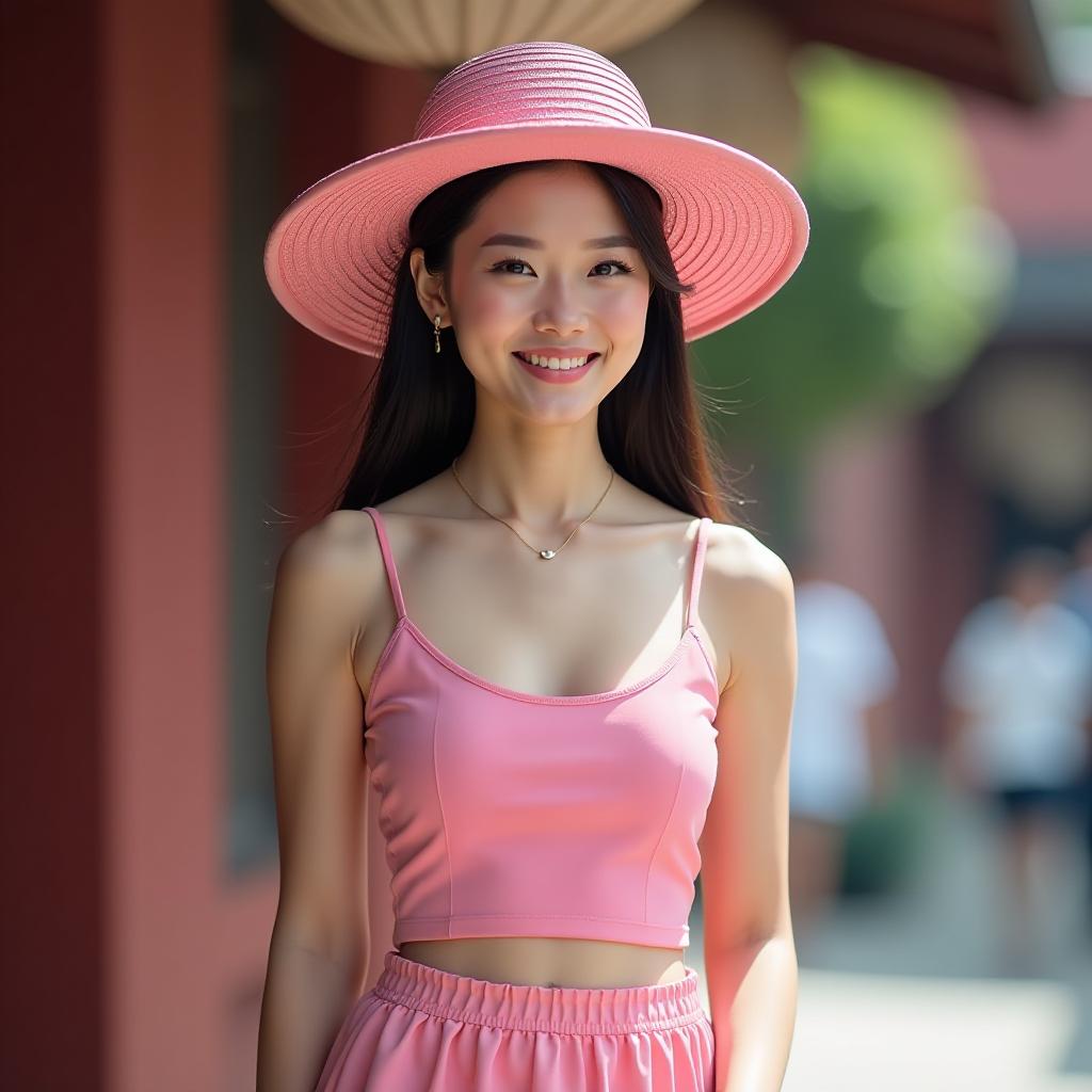  asian woman in pink top, skirt, and hat, high quality, high details, hd, perfect composition, 4k epic detailed, highly detailed, sharp focus, high resolution