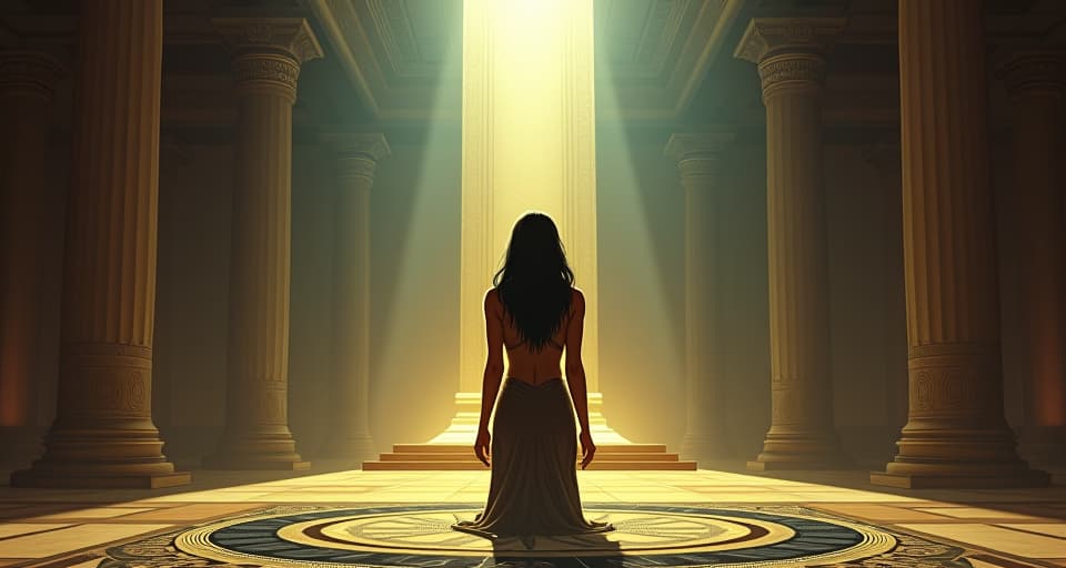  serene temple, large busted high priestess in a form fitting dress, kneeling in silent prayer before a golden altar, ethereal light, connection with the divine. the style is digital art illustration / modern comic book / mysterious occult, symbolic, esoteric vibe,high detail on character design, incorporating ancient egyptian symbology and attire.