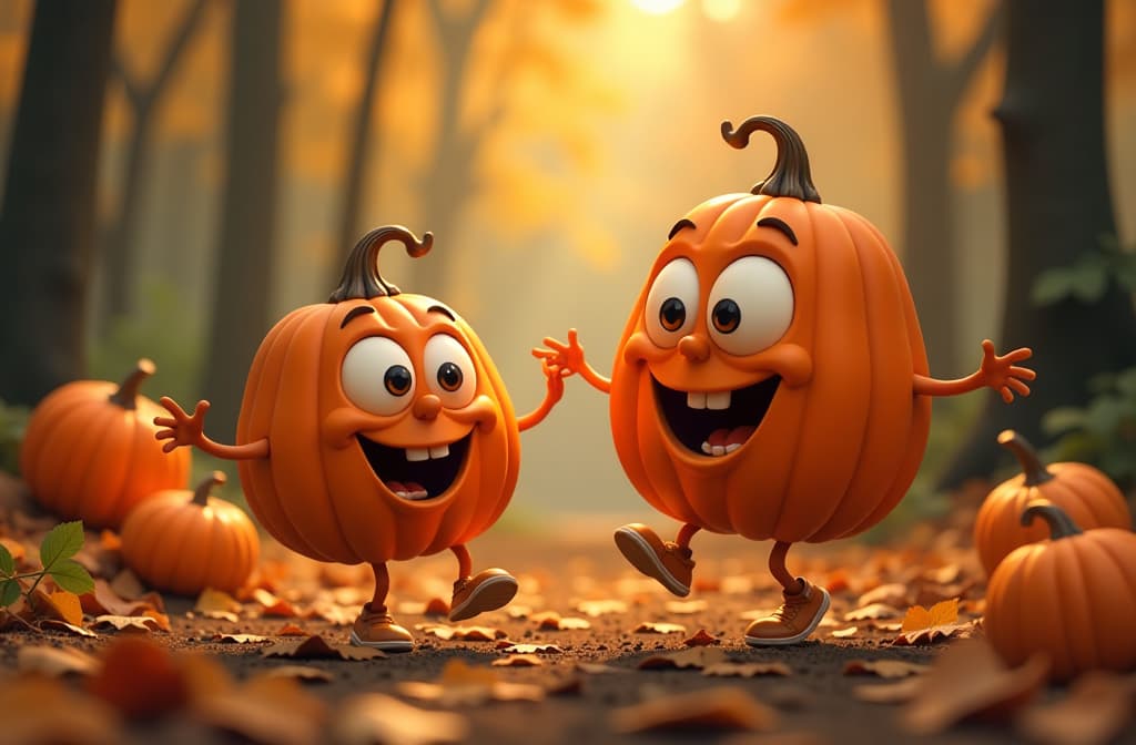  big head, big eyes, caricature, a caricature, rendering, (figurativism:0.8), funny pumpkins dancing in the autumn forest round dance ar 3:2, epic realistic, pixar style, disney, (cycles render:1.3), caustics, (glossy:0.58), (artstation:0.2), cute