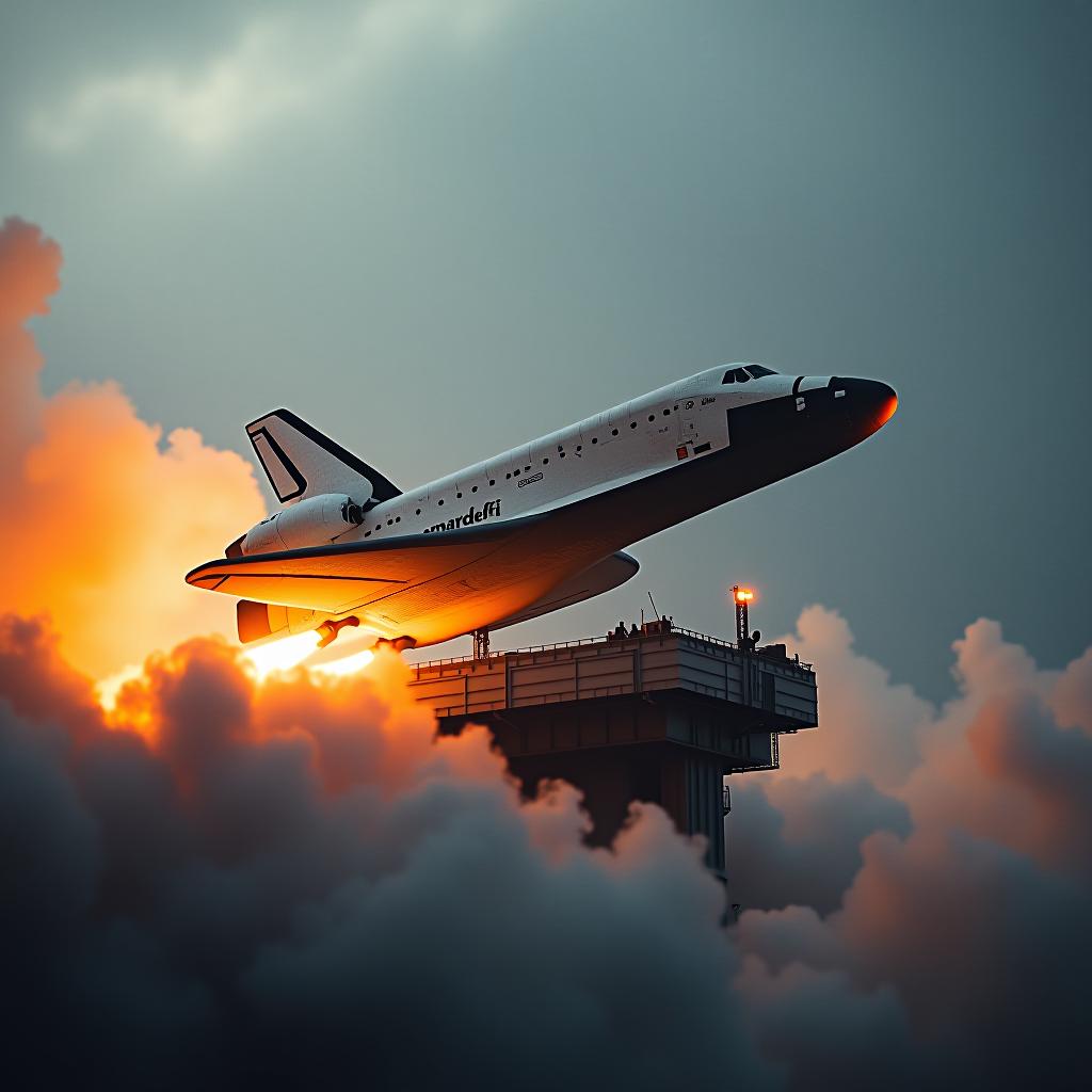  a photorealistic photograph taken with the best professional photo camera of a space shuttle taking of. fire and smoke swallow the platform that is below the shuttle as it starts taking off. on the side of the space shuttle the phrase "join the evolution   smartdefi   embrace the revolution" is written in a proper and clear manner