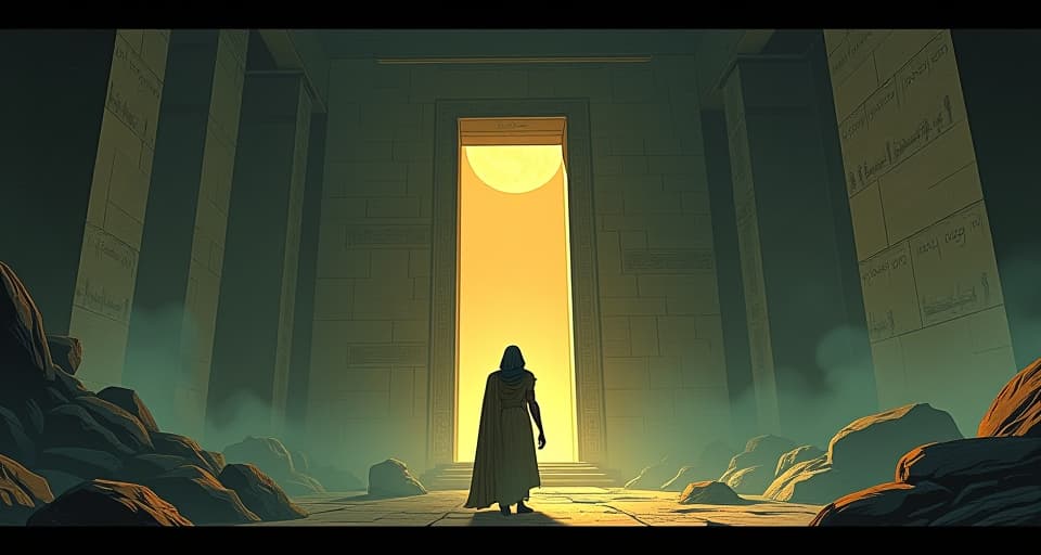  temple ruins, faint outlines of spirits hovering at the edge of perception, atmosphere of lingering presence.. the style is digital art illustration / modern comic book / mysterious occult, symbolic, esoteric vibe,high detail on character design, incorporating ancient egyptian symbology and attire.