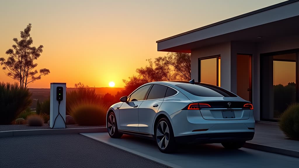  modern electric car parked next to a home and charging from a charging station on sunset. mindful of the planet's resources.