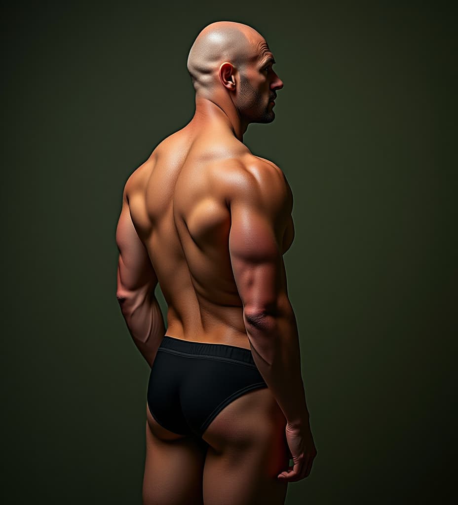  realistic photo of the profile muscular bald man 50 years with huge pecs, tight ass, dressed in tights plants short wrestling