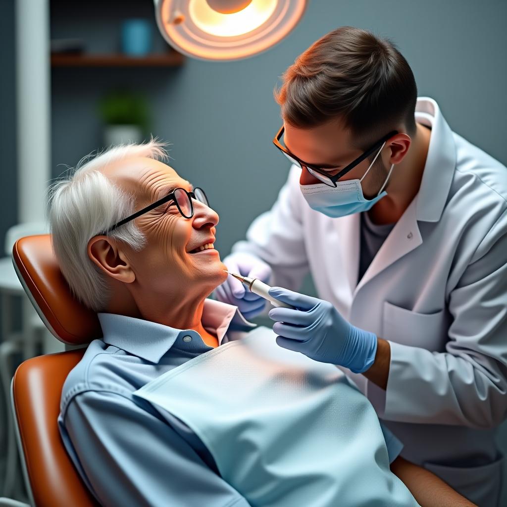  the retiree is sitting in the dental chair, and the dentist is showing him dental implants.