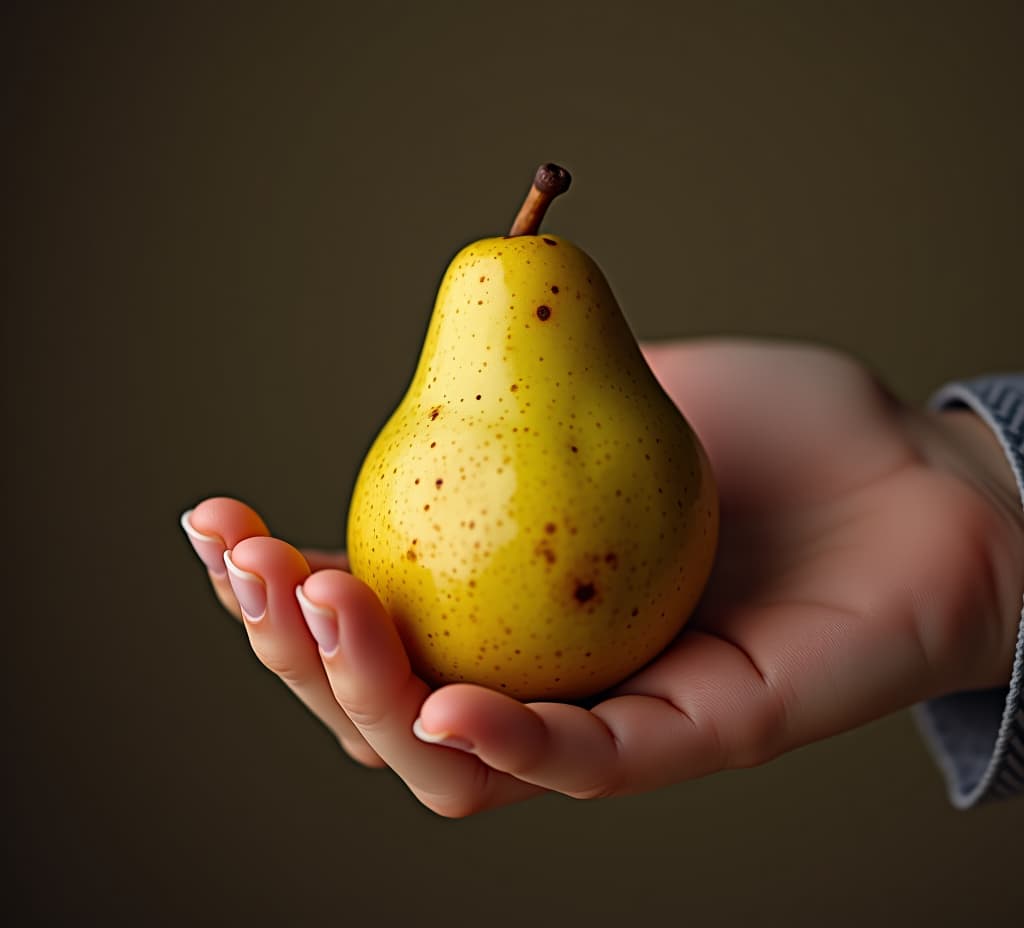  a hand holding a pear